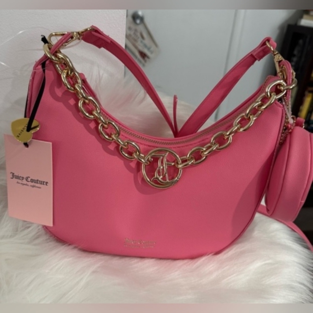 Juicy Couture Exclusive Pink Lemonade Hold Up Hobo Bag with Gold Chain Accent